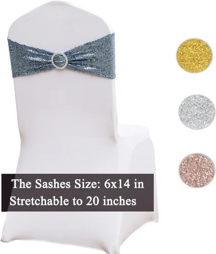 Miniatura 3 de Paquete de 50 bandas de lentejuelas color azul polvoriento para sillas de boda, lazos para fiestas, banquetes de cumpleaños, aniversario, eventos al