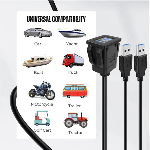 Miniatura 2 de TNP - Cable de montaje empotrado USB 3.0 dual con hebilla (cuadrado): montaje en tablero de salpicadero, 2 puertos, conector de enchufe USB doble