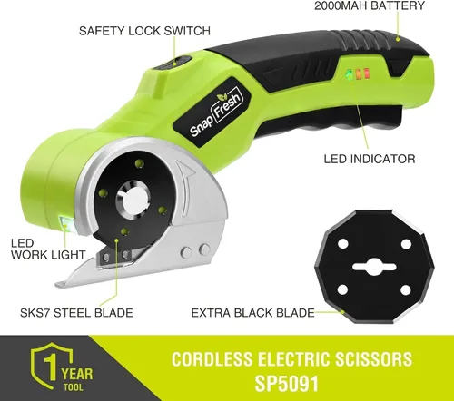 Miniatura 7 de SnapFresh 4V Tijeras Eléctricas Inalámbricas - Cortador de Caja Rotativo Recargable con Batería de 2.0Ah, 2 Cuchillas Autoafilantes, Luz LED