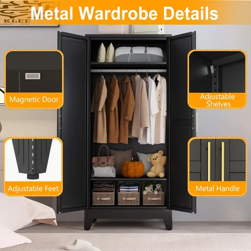 Miniatura 3 de Ckzbx Armario Ropero de Metal de 71" de Alto con Espejo, Estantes Ajustables, Barra para Secar Ropa, Gabinete Ropero de Acero para Dormitorio (Negro)
