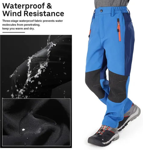 Miniatura 54 de linlon Pantalones impermeables para la nieve para niños y niños, forro polar lind para senderismo, softshell, cálidos, con aislamiento térmico