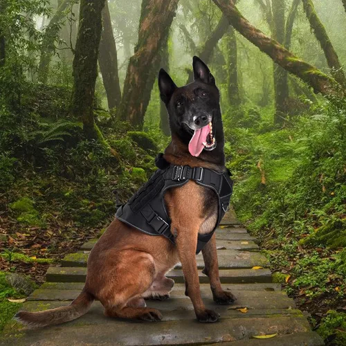 Miniatura 6 de Arnés táctico para perro, 2 hebillas de metal, arnés reflectante militar para perro con soporte oculto para Airtag y asa, chaleco ajustable
