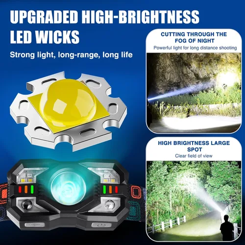 Miniatura 3 de Linterna frontal recargable, 1200 lúmenes súper brillante LED con sensor de movimiento, 10 modos, impermeable, ligera, linterna con luz roja
