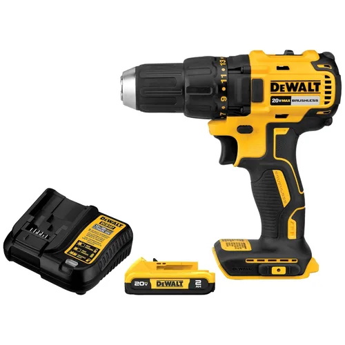 DEWALT Juego de destornilladores inalámbricos de 20 V Max, taladro eléctrico, sin escobillas de 1/2 en 2 velocidades, batería de 2.0 Ah y cargador