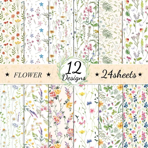 Paquetes de papel con patrón floral, 24 hojas/12 diseños, papel de manualidades de doble cara, cartulinas de flores de primavera de acuarela,