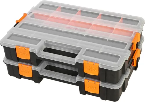 Jack Boss Caja de herramientas con tapa transparente, caja organizadora de 17 compartimentos de un solo lado con divisores extraíbles para herrajes,