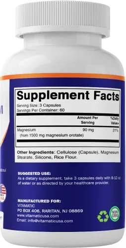 Miniatura 8 de Vitamatic Suplemento de orotato de magnesio – 1500 mg por porción, 180 cápsulas – Apoya la salud muscular, nerviosa y cardíaca – Sin OMG, sin gluten