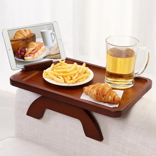 Miniatura 15 de SINWANT Mesa de Brazo para Sofá, Mesas de Reposabrazos de Sofá de Madera de Acacia, Mesa de Reposabrazos de Sofá con Soporte para Teléfono de 360°