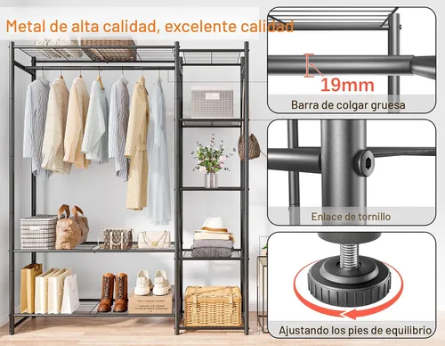 Miniatura 4 de Guardarropa con armario, estante portátil para ropa con 4 estantes, organizadores de armario independientes y sistema de almacenamiento con varillas