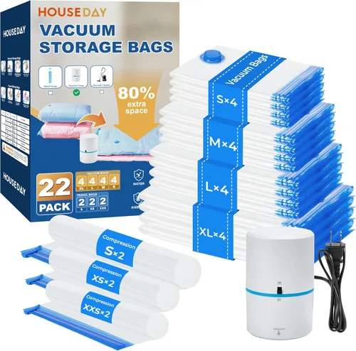 Miniatura 12 de HOUSE DAY Paquete de 22 bolsas de almacenamiento al vacío con bomba, bolsas de sellado al vacío para ahorrar espacio para ropa y viajes, 4 jumbo/4