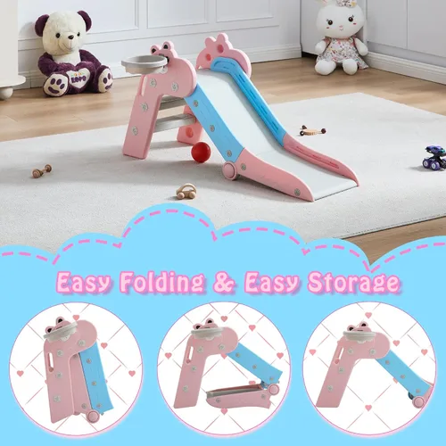 Miniatura 4 de GITAWUSA Tobogán plegable para niños pequeños, juego de toboganes de plástico para interiores con aro de baloncesto y pelota Rosa Azul