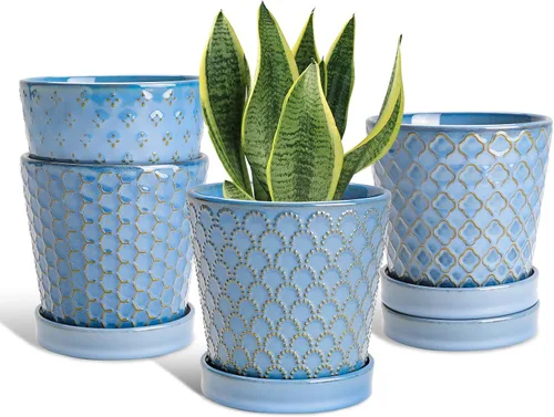 Miniatura 12 de Macetas de cerámica EFISPSS, macetas de 5 pulgadas con agujeros de drenaje y bandeja de cerámica, diseño en relieve para plantas de flores, set