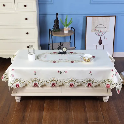 Miniatura 2 de Mantel bordado de damasco rosa camelia, rectangular, color blanco roto 42 x 60 pulgadas