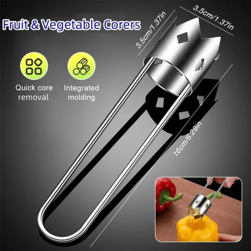Miniatura 2 de Herramienta descorazonadora de frutas y verduras, descorazonador de semillas de pimiento rojo, descorazonador de frutas de acero inoxidable, 2 PIEZAS