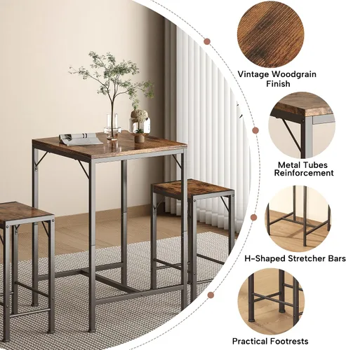 Miniatura 7 de Homeiju Juego de mesa y sillas de bar, mesa de bar cuadrada con 2 taburetes, juego de comedor que ahorra espacio para 2, perfecto para cocina
