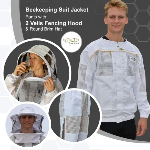 Miniatura 5 de Chaqueta de traje de apicultura, pantalones/pantalones con 2 velos de esgrima capucha y sombrero de ala redonda, disfraz de malla ventilada de 3