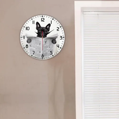 Miniatura 8 de Reloj de pared divertido de perro bulldog francés de 12 pulgadas para tienda de mascotas, batería silenciosa sin tictac, fácil de leer periódico