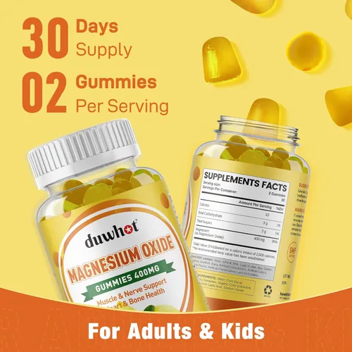 Miniatura 7 de Gomitas de óxido de magnesio de 400 mg, suplemento masticable de óxido de magnesio para adultos y niños, apoyo nervioso, muscular, óseo y cardíaco