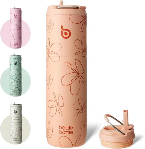 Miniatura 12 de BOTTLE BOTTLE Botella de agua aislada de 24 onzas con tapa de popote y asa para deportes, viajes, gimnasio, botellas de agua de acero inoxidable
