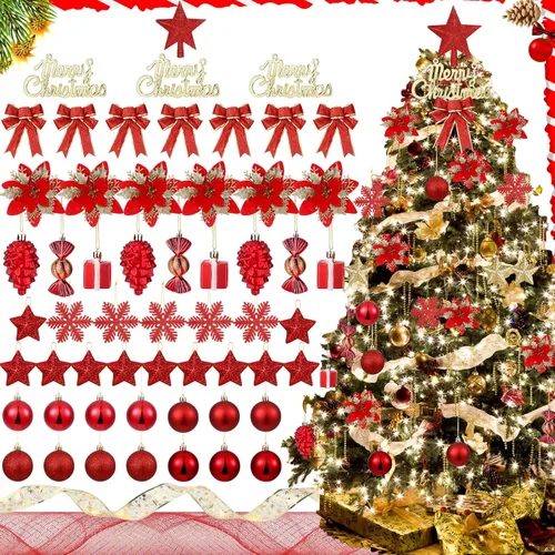 Miniatura 8 de Liliful - Juego de adornos para árbol de Navidad de 132 piezas, incluye bolas de Navidad, adornos LED, luces, purpurina, lazos de flor de pascua
