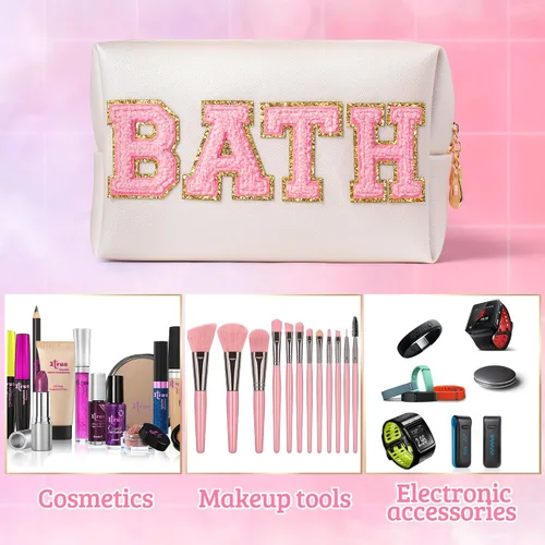 Miniatura 3 de Y1tvei Preppy Patch BATH Letter - Neceser de cuero PU para cosméticos, bolsa de maquillaje portátil cosida con parches de letras universitarias