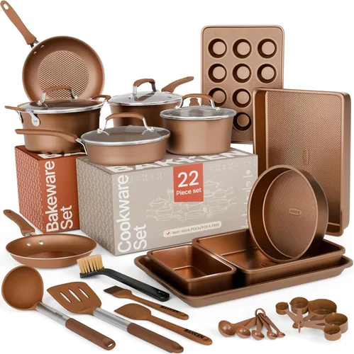 Miniatura 12 de Juego de ollas y sartenes de 22 piezas, juego de utensilios de cocina y horneado antiadherentes con patrón de cuadros, diseño apilable, apto