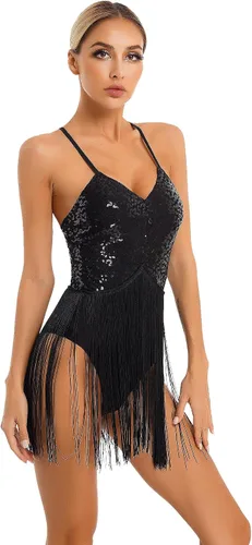 Miniatura 3 de Xnihocha Body de mujer con tirantes delgados y lentejuelas brillantes y flecos, para bailarín latino de jazz, ballet, bailarina latina