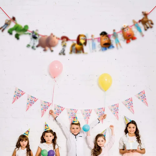 Miniatura 7 de Guirnalda decorativa de juguete para fiesta de cumpleaños, pancarta colgante inspirada en dibujos animados con tema de vaquero y héroe espacial