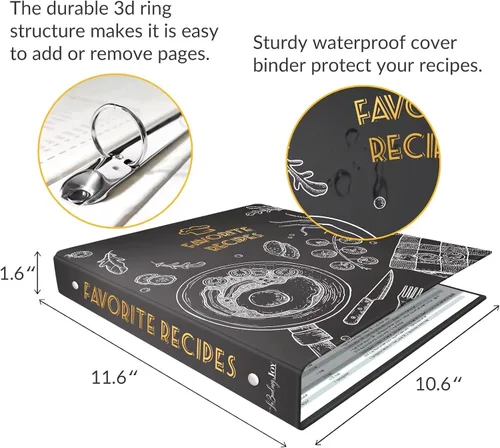 Miniatura 3 de Carpeta de recetas de 8.5 x 11 pulgadas, 3 anillos, libro de recetas para escribir en tus propias recetas, carpeta de recetas de página completa