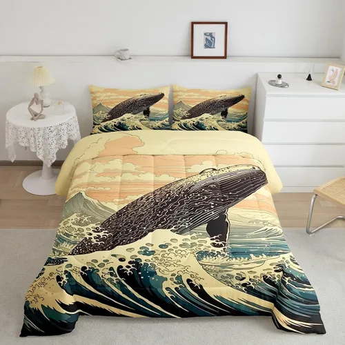 Erosebridal Juego de edredón de ballena náutica, tamaño individual, juego de ropa de cama vintage azul con ondas oceánicas para niños y niñas,