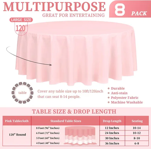 Miniatura 480 de Showgeous Paquete de 4 manteles redondos color rosa intenso de 120 pulgadas de poliéster para mesas redondas, manteles de tela decorativa lavable