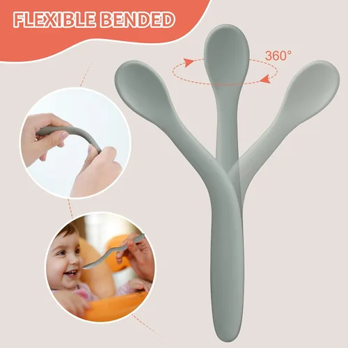 Miniatura 5 de Cucharas de silicona para bebés de 6 piezas para la primera etapa, punta suave, fácil de poner en las encías, cuchara de entrenamiento Utensilios