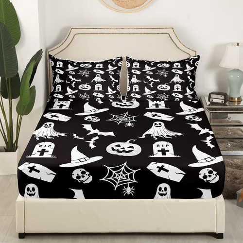 Miniatura 3 de Erosebridal Juego de sábanas góticas en blanco y negro para decoración de lápidas de Halloween, calabaza, farol, sábana de bruja, sombrero de bruja