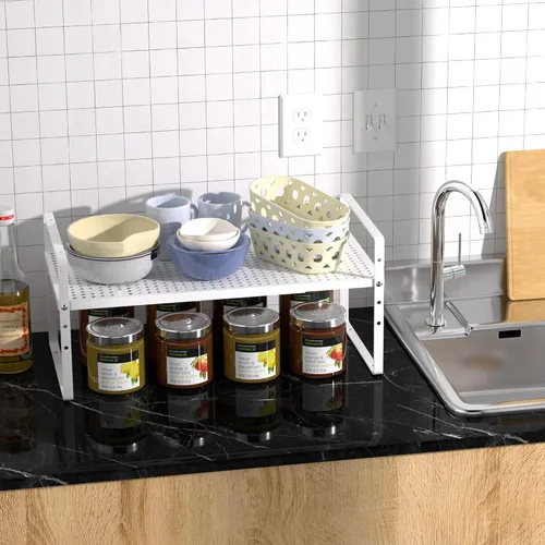 Miniatura 2 de Redrubbit Estante de almacenamiento ampliable para gabinete, altura ajustable, de metal, organizador de cocina, estantes para especias para cocina