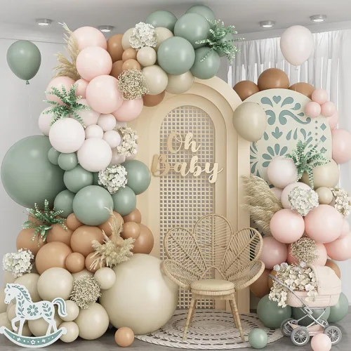 Kit de arco de guirnalda de globos neutros de color verde polvoriento, verde salvia, nude, crema, arena, blanco, marrón claro, pastel, rubor, rosa,