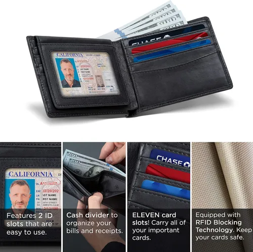 Miniatura 4 de SERMAN BRANDS Cartera de 2 ventanas de identificación para hombres con bloqueo RFID, tapa plegable, cartera de viaje de capacidad adicional