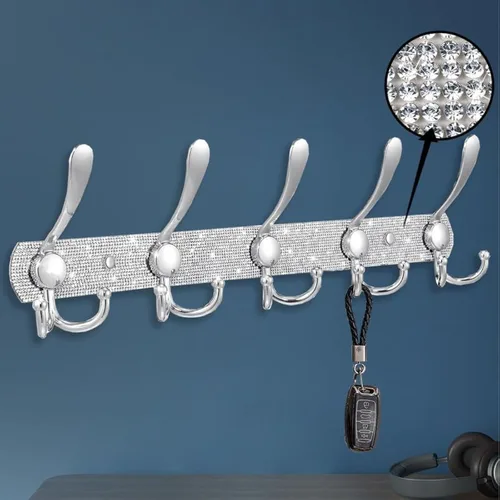 Miniatura 12 de BlackFish Soporte para Perchero de Montaje, Diamantes de Imitación Plateados Brillantes Montado en la Pared 5 Ganchos, Ganchos para Llaves