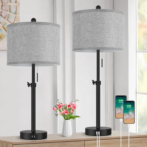 Kondras Table Lamps for Bedroom Set of 2, 23''-30'' Adjustable Height Bedside Lamps with 2 USB Ports, Black Nightstand Lamps with Grey Linen Shade,