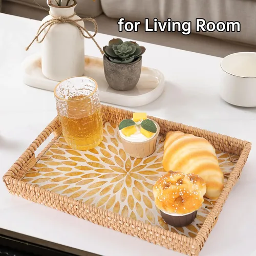 Miniatura 5 de Bandeja rectangular de ratán con incrustaciones de madreperla, bandeja de ratán con asa para café, pan, frutas, aperitivos, bandeja decorativa