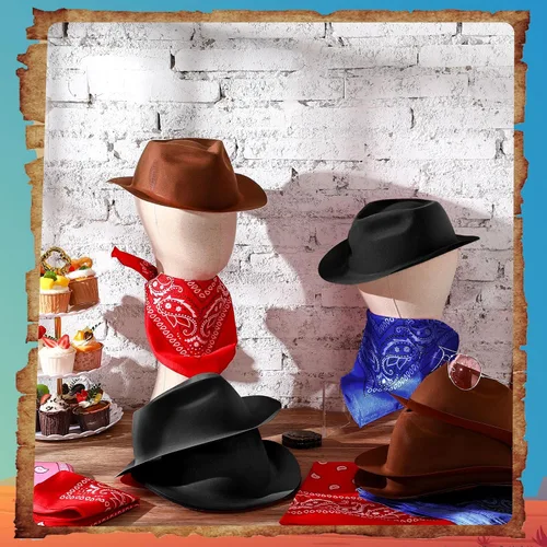 Miniatura 4 de Hillban 72 piezas de sombrero de vaquero occidental y set de bandana de paisley para niños, sombreros de fiesta de vaquero de fieltro para marrón