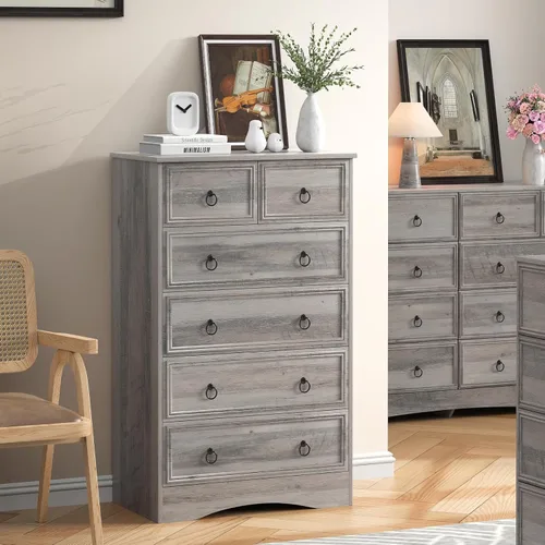 Miniatura 2 de VVFLU Cómoda gris de 48 pulgadas de alto con 6 cajones para dormitorio, organizador de almacenamiento grande para ropa, para sala de estar, Gris topo