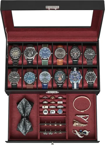 Miniatura 52 de SONGMICS UJWB012 - Caja de reloj de 12 ranuras, caja de reloj con cerradura con tapa de vidrio, 2 capas, con 1 cajón para anillos, pulseras, idea