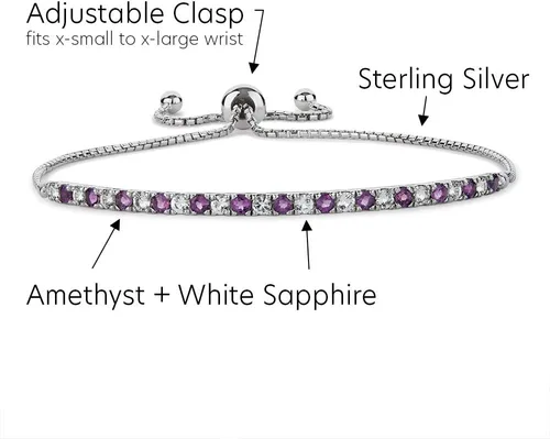 Miniatura 2 de Gemstone and Lab-Created White Sapphire Adjustable Bolo Bracelet, Sterling Silver, Easy-On Easy-Off (6, 7 and 8 inch Wrist Size)