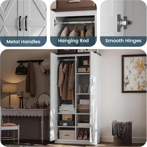 Miniatura 5 de ANCTOR Armario con puertas, armario de madera de 71 pulgadas de alto con 5 estantes de ropa, barra colgante para ropa, armario de almacenamiento