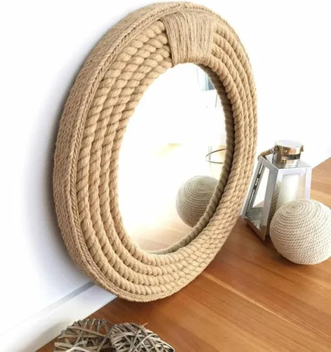 Espejo de pared redondo náutico con cuerda de yute, espejos costeros para baño/sala de estar, espejo decorativo para colgar en la pared, espejo
