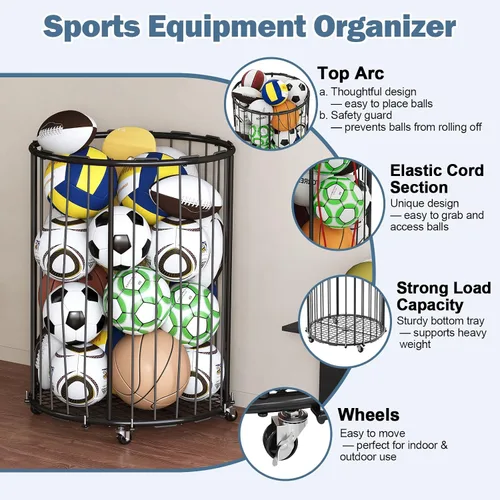 Miniatura 5 de Hencawima Garage Ball Storage: Round Sports Equipment Organizer with Wheels, Sports Ball Rack With Elastic Rope, Ball Holder for Basketball, Soccer