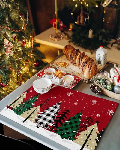 Miniatura 2 de Juego de 4 manteles individuales de árbol de Navidad, mantel rojo para decoración de mesa de comedor, manteles lavables de lino de algodón a cuadros