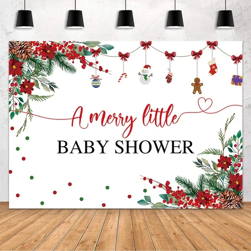 Miniatura 6 de MEHOFOND Telón de fondo de Navidad de 7 x 5 pies para baby shower con texto en inglés "A Merry Little Baby Shower Decoraciones", pancarta roja