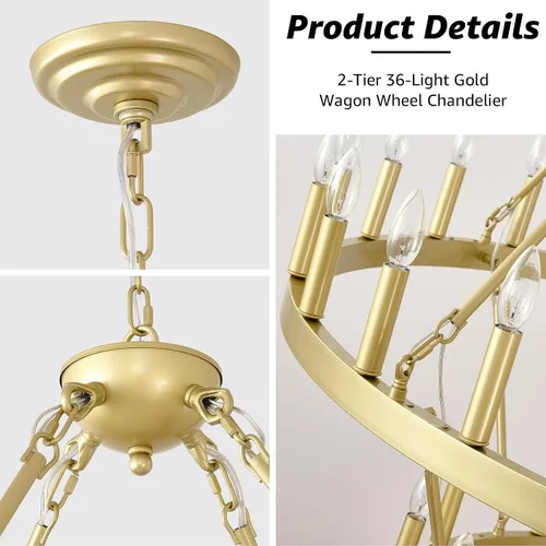 Miniatura 4 de EGM Candelabro dorado de 48 pulgadas con rueda de carro de 2 niveles, 36 luces grandes de color dorado cepillado estilo granja, lámparas de techo