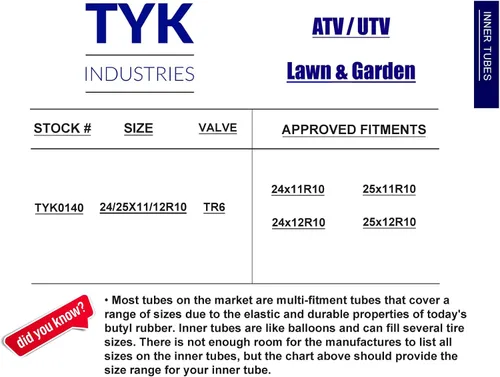 Miniatura 4 de TYK Industries Tubo interior 25x11-10 para ATV y UTV, 25x11R10 Radial o Bias Tubo interno de neumático con vástagos de válvula TR6